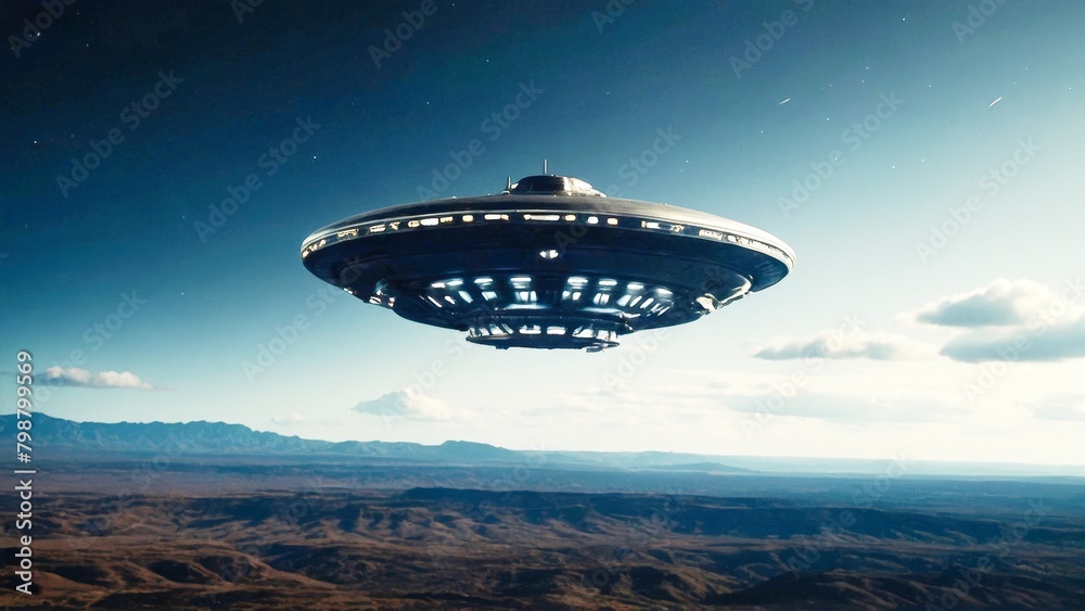 UFO Spaceship: Flying over the Ocean in Science Fiction Scene UFO Spaceship: Flying over the Ocean in Science Fiction Scene