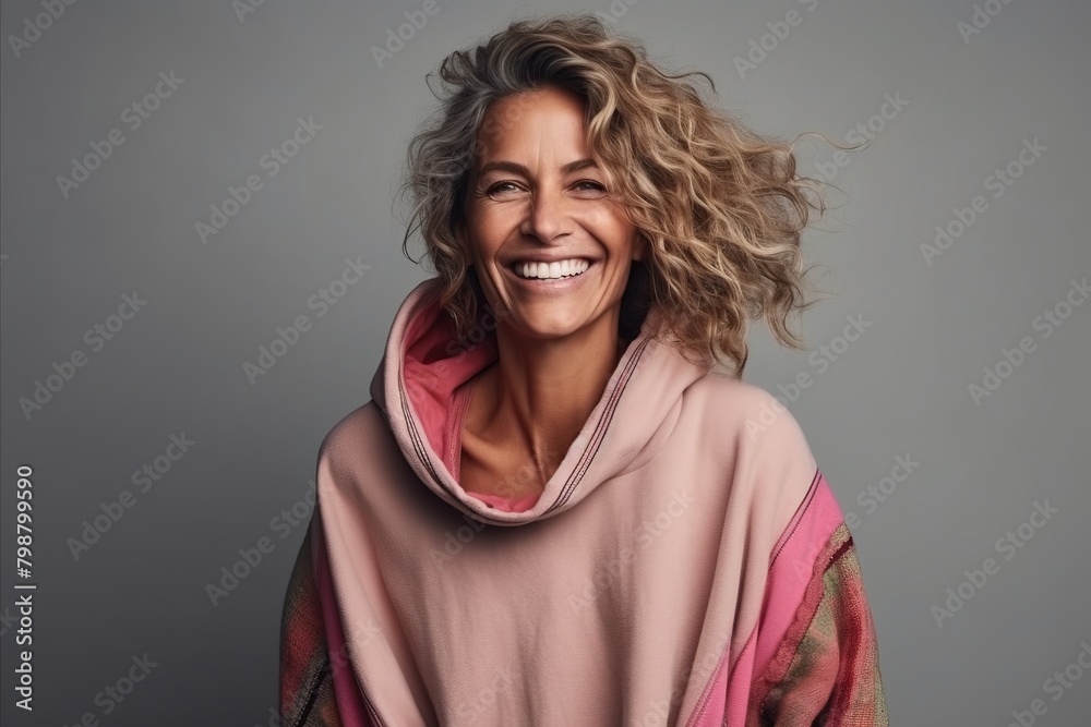 Fototapeta premium Portrait of a happy mature woman with curly hair wearing a pink hoodie