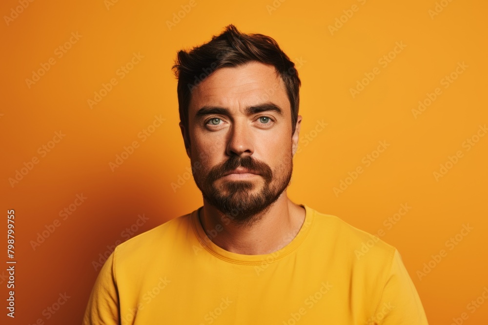 Obraz premium Portrait of a pensive man looking at camera over yellow background
