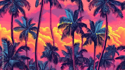 Illustrate a repeating pattern of neon palm trees and retro sunsets, reminiscent of the vibrant aesthetic of 80's and 90's Miami Vice-inspired imagery.