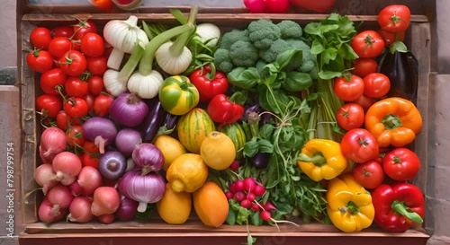 A wooden crate full of colorful vegetables and fruits, including tomatoes, peppers, onions, garlic, eggplant, and broccoli.