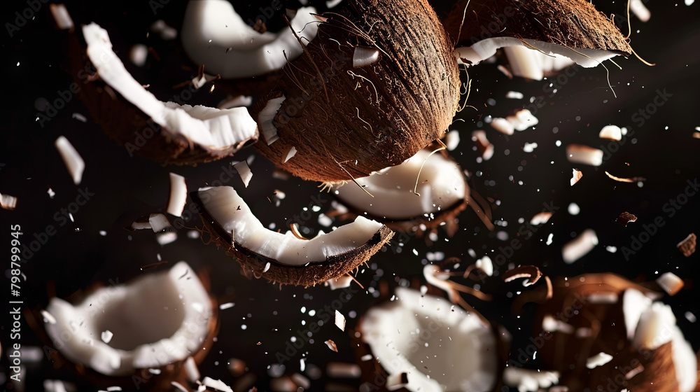 Coconut pieces flying in the air on a black isolated background