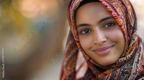 Big close up view of the face of a Muslim woman wearing an Islamic headscarf or hijab. Housewives are also office workers, professional businesswomen.