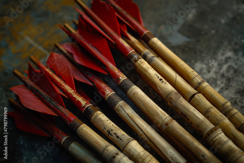 A quiver of judo arrows, their blunt heads designed for small game hunting.