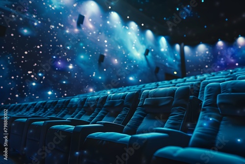 A cinema hall becomes a gateway to the cosmos, with starry lights scattered across the ceiling, luxurious blue seats invite viewers to recline and embark on an interstellar journey photo
