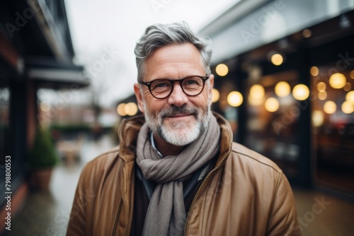 Portrait of a handsome senior man with grey hair wearing glasses and a brown coat, walking in the city.