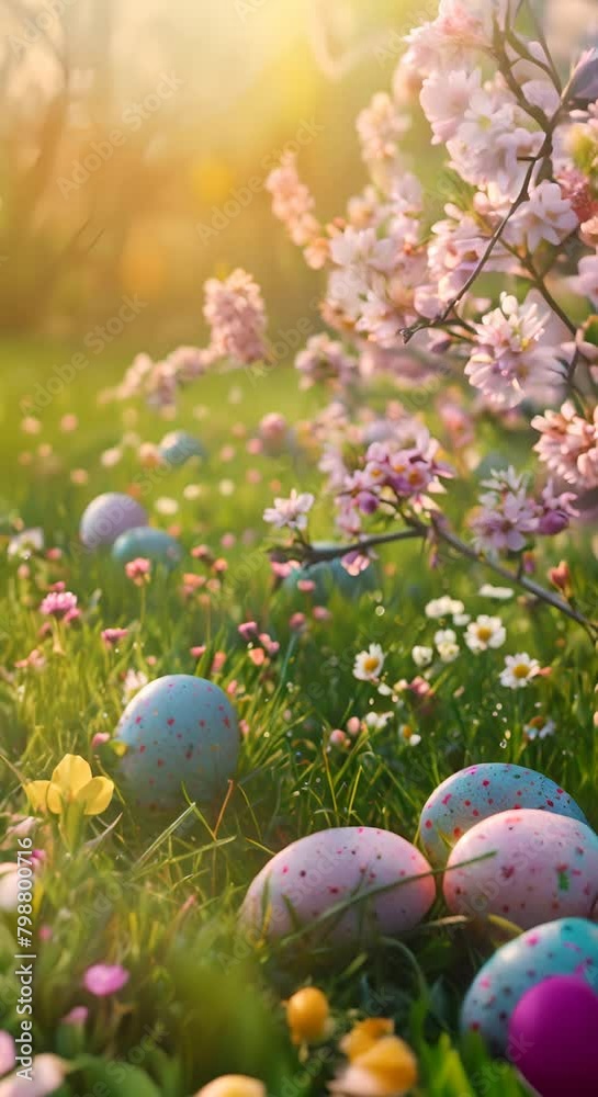 Pink and blue Easter eggs hidden in the green grass near a tree with pink flowers Pink and blue Easter eggs hidden in the green grass near a tree with pink flowers