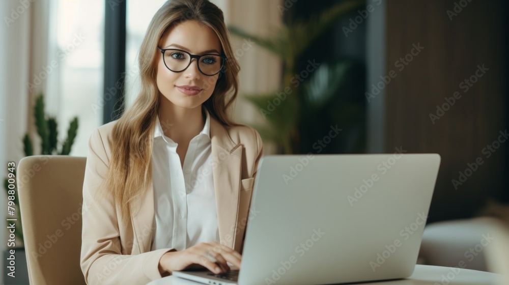 Pensive business woman noting idea for startup planning from web page on laptop computer, professional administrative manager making accountings of income using app on laptop in office interior