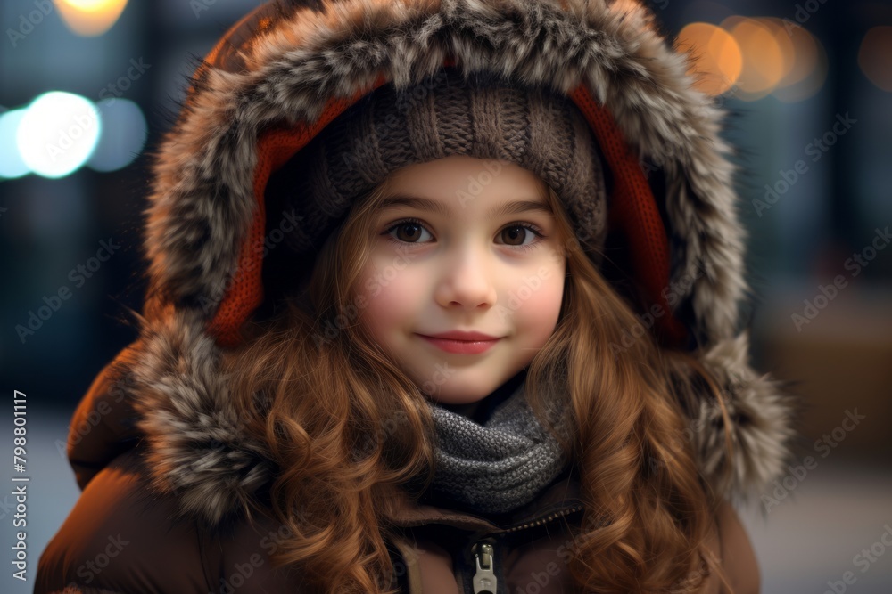 A portrait of a cute little girl wearing a warm hat and coat.