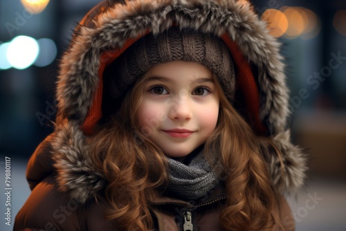 A portrait of a cute little girl wearing a warm hat and coat. © Stocknterias