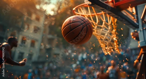 A basketball player dunking the ball into the hoop during a game with a crowd of spectators in the background. photo