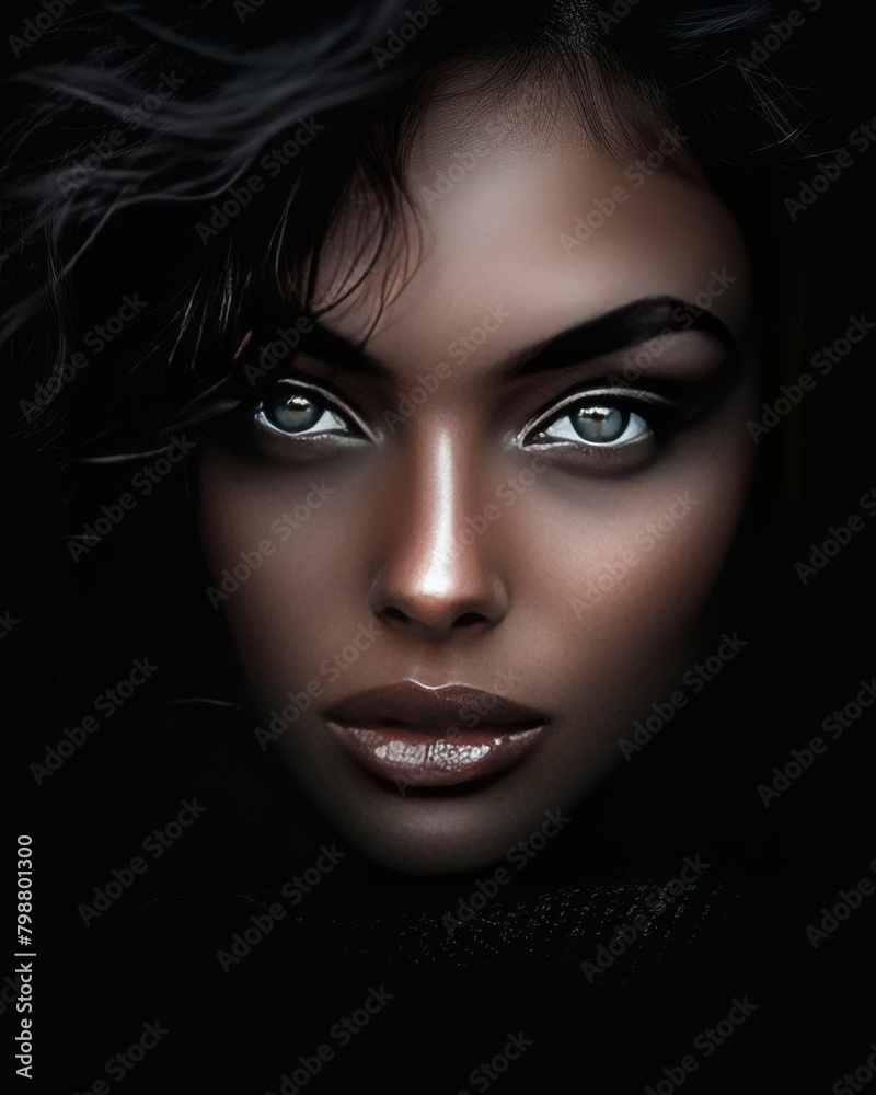 Mystical Beauty: Captivating Avant-Garde Close-Up of a Dark-Haired Woman generative ai