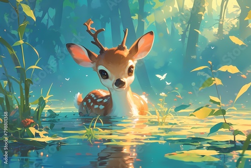 cute deer cartoon in river water © Yoshimura