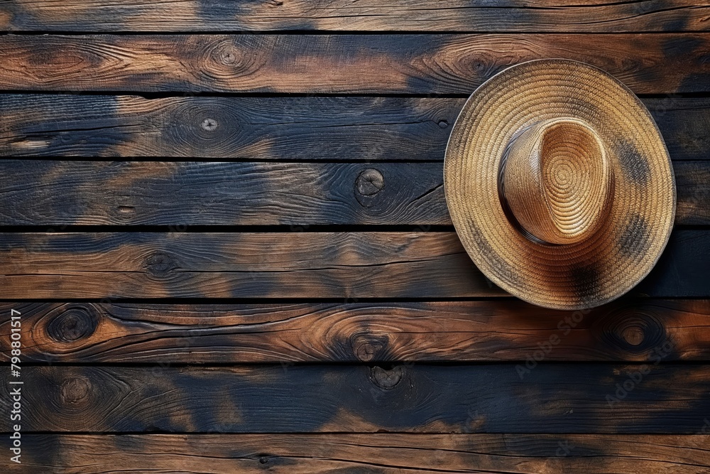 Top view of a straw cowboy hat resting on a beautifully textured dark ...