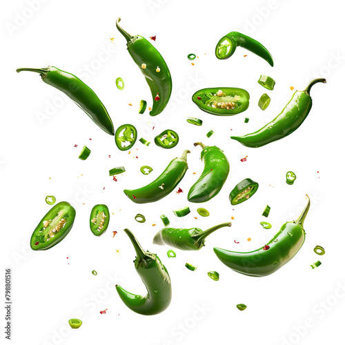 Jalapeno Pepper falling over white, with pieces and seeds, Hot spice seasoning., isolated on white background.