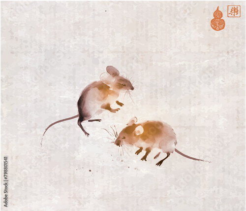 Two playing mice in on vintage background. Traditional oriental ink painting sumi-e, u-sin, go-hua. Translation of hieroglyph - joy © elinacious