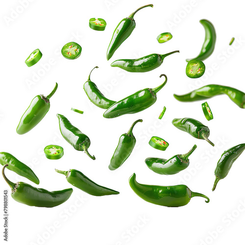 Jalapeno Pepper falling over white, with pieces and seeds, Hot spice seasoning., isolated on white background.