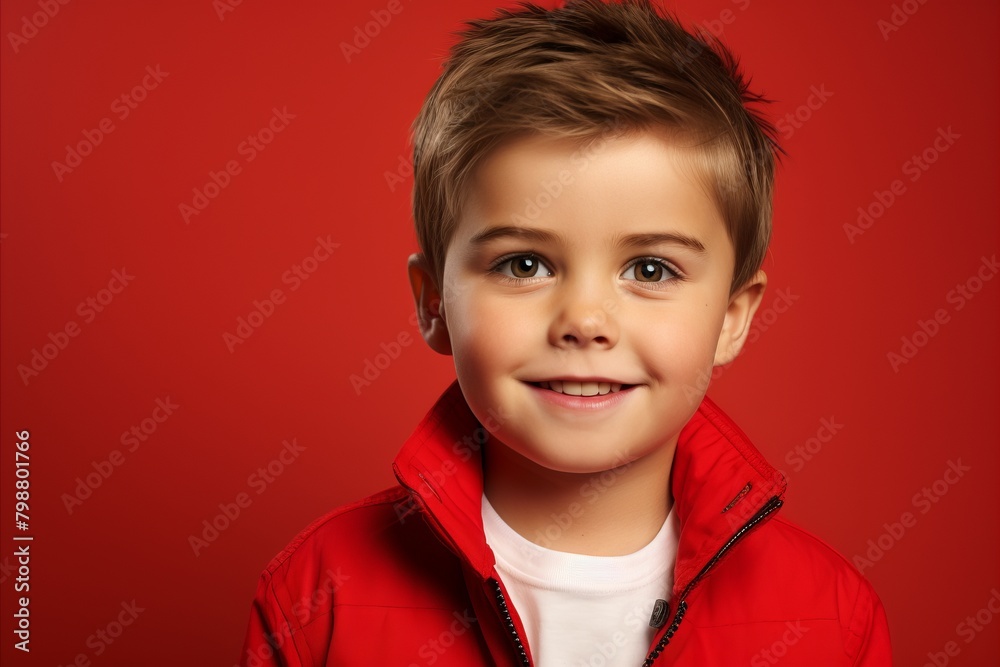 Portrait of a cute little boy in a red jacket on a red background.