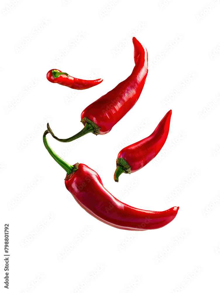 fresh red chili peppers falling against white background, close up