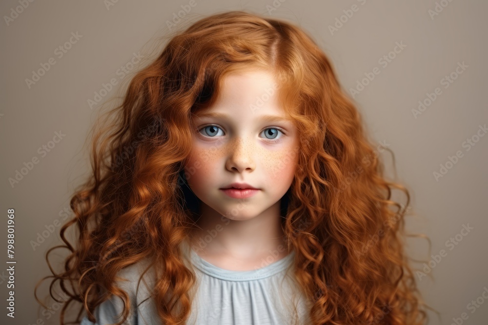 Portrait of a beautiful little girl with long curly hair. Studio shot.