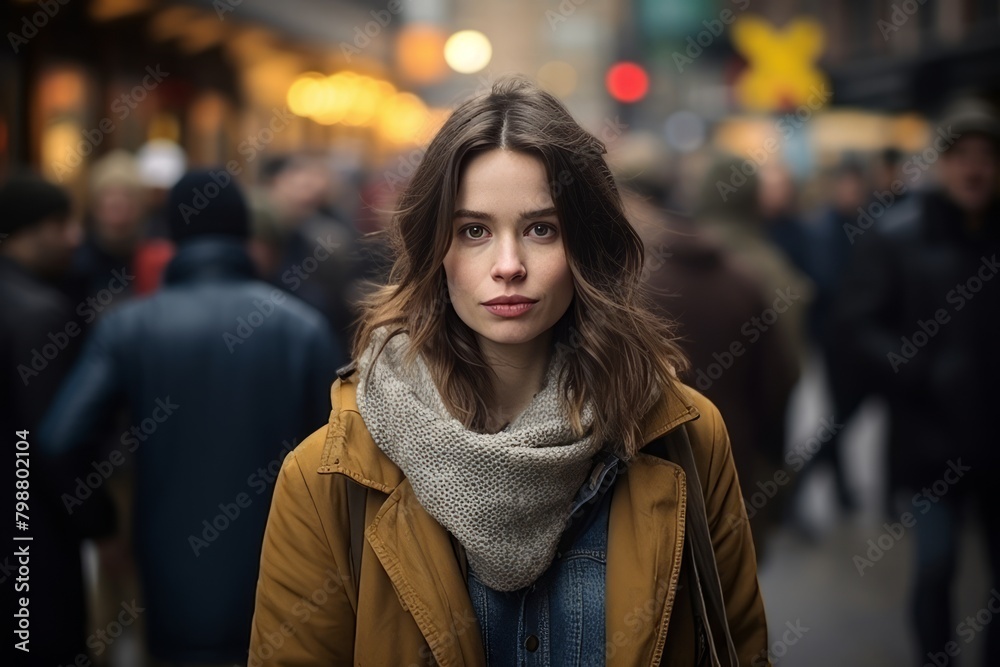 Fototapeta premium Portrait of a beautiful young woman in winter clothes in the city