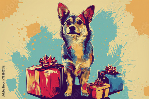 Dog and gift boxes on a yellow and blue background. Colorful illustration in retro style. Design template for card, banner, poster.