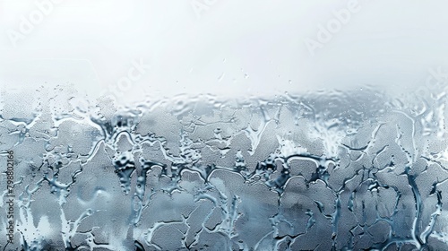 Water drops streaming on a window glass with grey city silhouette on background. Generative AI © Zero Zero One