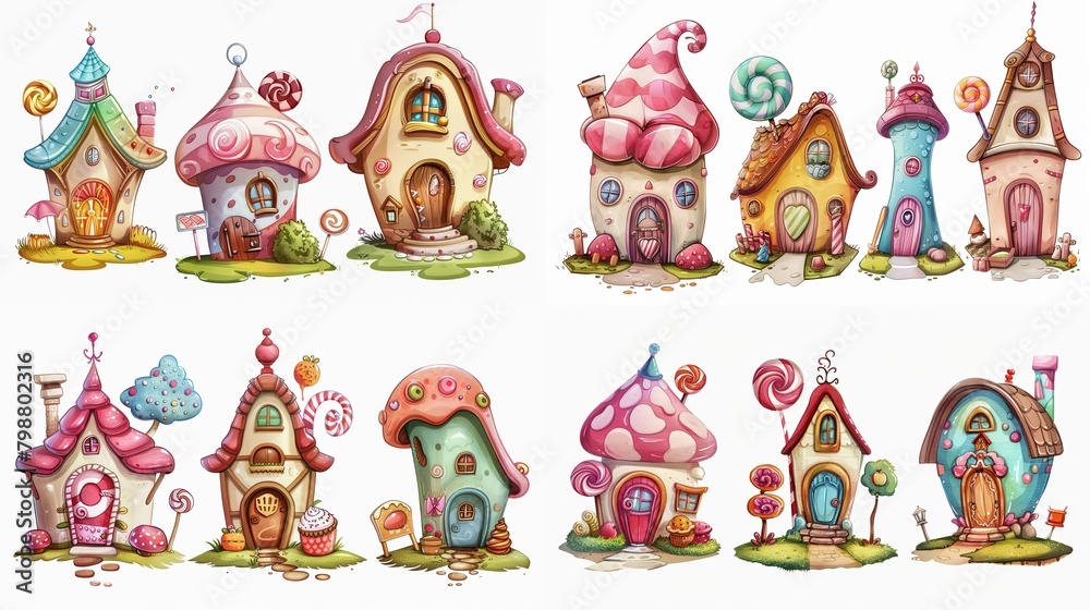 Naklejka premium cute fairytale cartoon house clipart isolated on white background, pudding cake hut, Generative Ai 