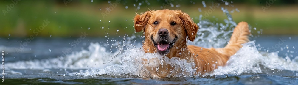 Closeup of a happy golden retriever splashing joyfully in a lake, capturing the quintessential summer joy of a dog cooling off on a hot day