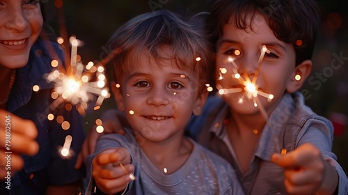 Closeup of a family setting off sparklers together at dusk on July 4th, capturing the joy and excitement in the children s eyes as they celebrate with light and color