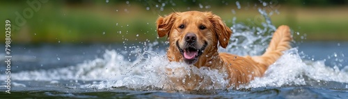 Closeup of a happy golden retriever splashing joyfully in a lake  capturing the quintessential summer joy of a dog cooling off on a hot day