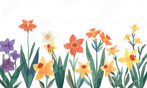 orange and purple blossoms and yellow daffodils with green leaves on a white background  Generative AI