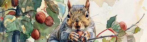 Closeup of a squirrel foraging watercolor for summer nuts in a city park, reflecting the adaptation of urban wildlife to the seasonal changes and abundance