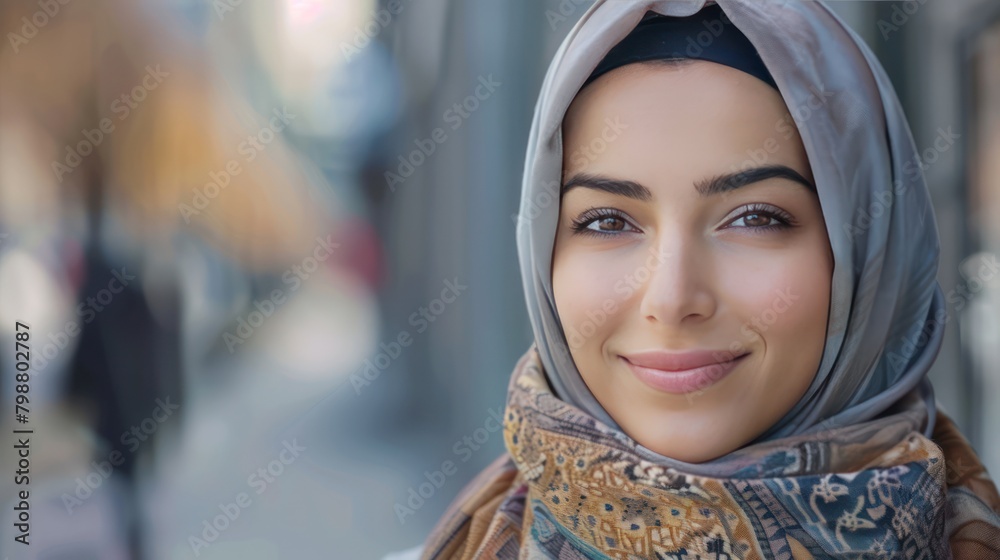 Big close up view of the face of a Muslim woman wearing an Islamic headscarf or hijab. Housewives are also office workers, professional businesswomen. Big close up view of the face of a Muslim woman wearing an Islamic headscarf or hijab. Housewives are also office workers, professional businesswomen.