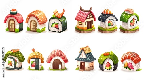 cute cartoon sushi house , summer house, childhood imagination and children book design illustration, generative Ai 