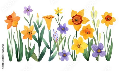 orange and purple blossoms and yellow daffodils with green leaves on a white background, Generative AI