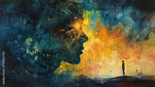 Colorful abstract painting of a person looking out at a bright light.