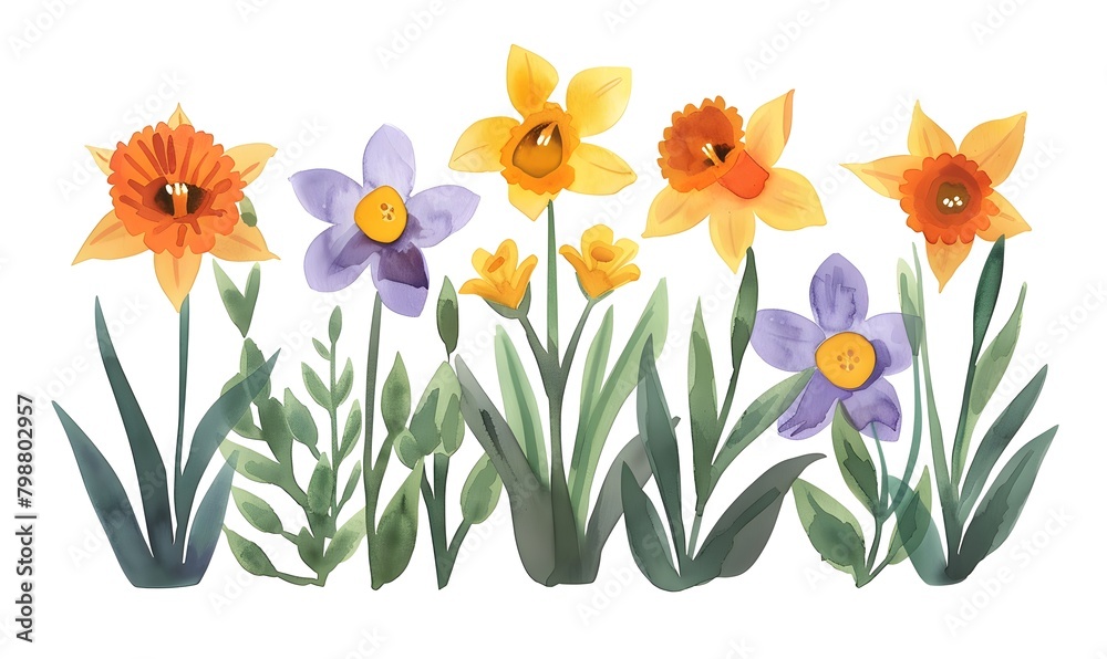 orange and purple blossoms and yellow daffodils with green leaves on a white background, Generative AI orange and purple blossoms and yellow daffodils with green leaves on a white background, Generative AI