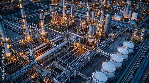 Detailed aerial view of an oil refinery, with the intricate maze of pipelines and large storage tanks clearly visible, emphasizing the engineering precision in energy sectors photo