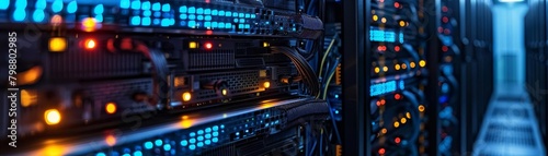 Detailed image of a server rack in a dimly lit room highlighting the complex cabling and blinking server lights, suitable for network and communication designs photo
