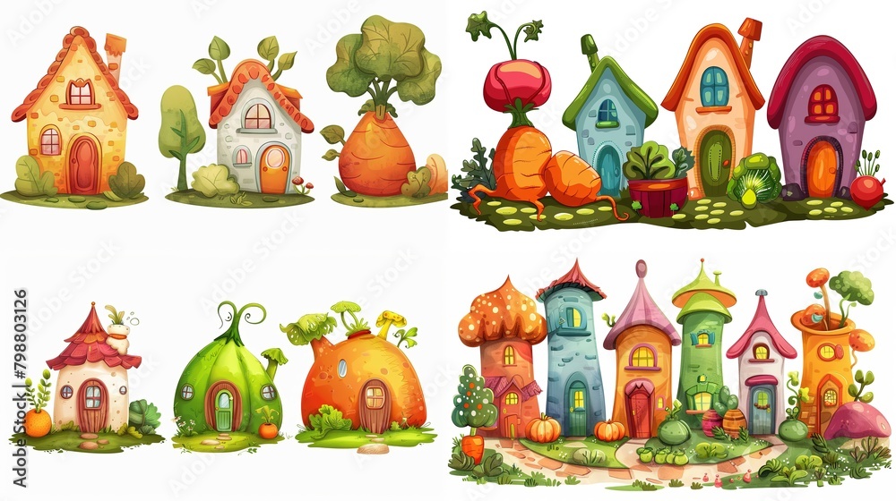 cute fairytale vegetable house in garden, collection set isolated on white background, Generative Ai