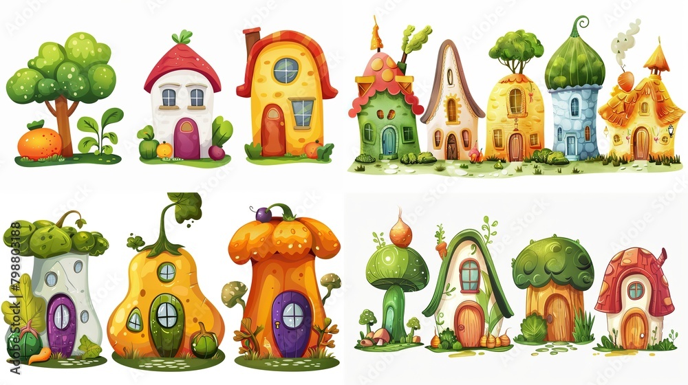 cute fairytale vegetable house in garden, collection set isolated on white background, Generative Ai cute fairytale vegetable house in garden, collection set isolated on white background, Generative Ai