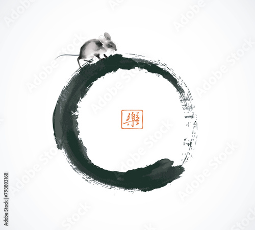 Ink painting of a mouse on enso zen brushstroke circle. Traditional oriental ink painting sumi-e, u-sin, go-hua. Translation of hieroglyph - joy