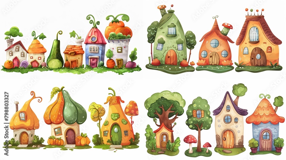 Naklejka premium cute fairytale vegetable house in garden, collection set isolated on white background, Generative Ai