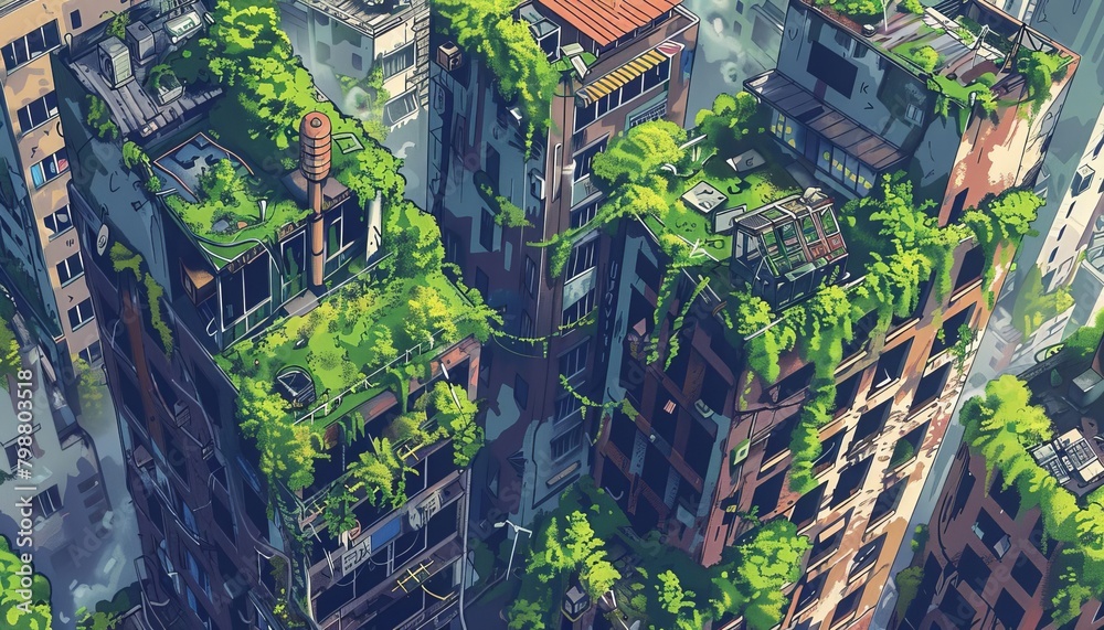 Craft a post-apocalyptic scene merging dilapidated restaurants with twisted vine-covered skyscrapers, viewed from a dramatic birds-eye angle in a haunting watercolor style
