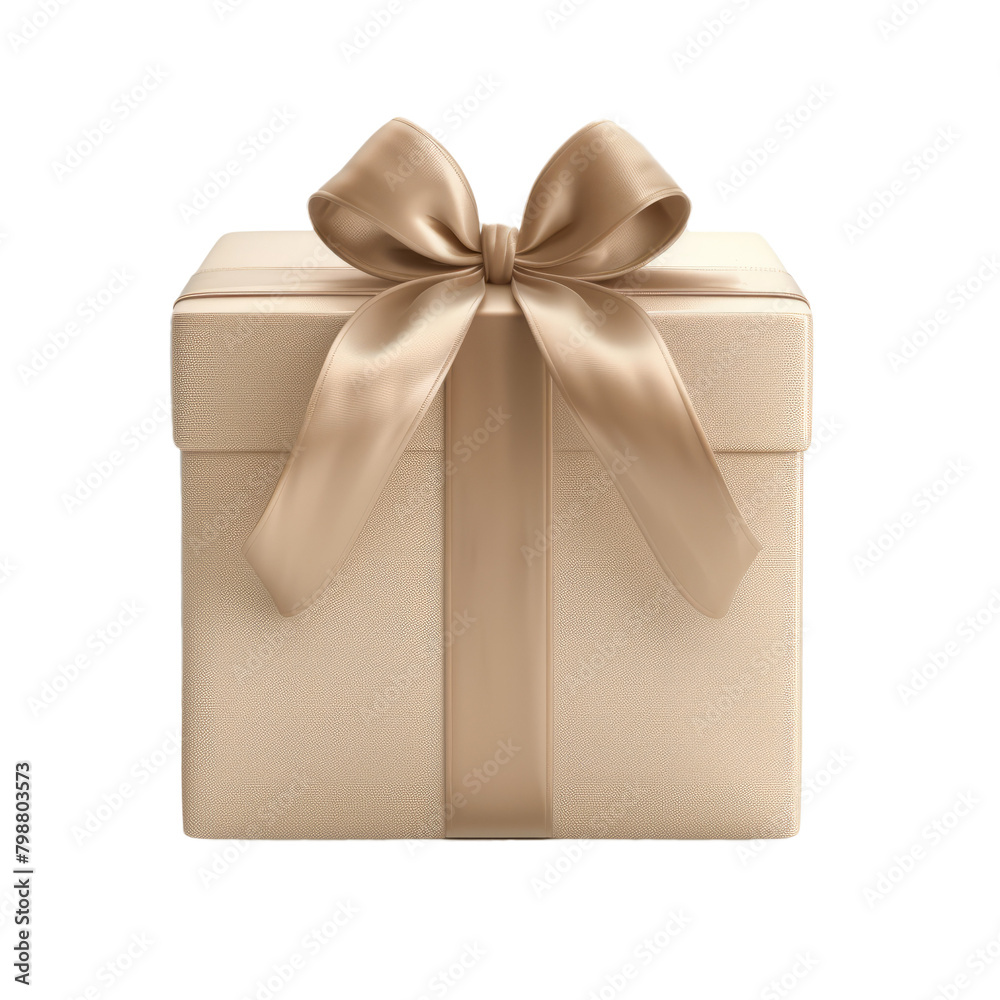single elegant beige birthday present with a satin ribbon bow, set against a pure white backdrop.