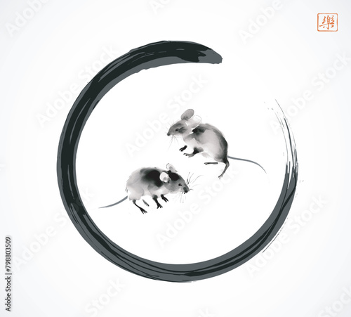 Two playing mice in black enso zen circle. Traditional oriental ink painting sumi-e, u-sin, go-hua. Hieroglyph - joy