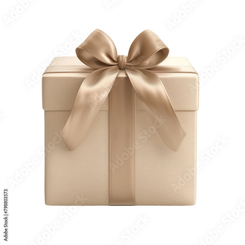 single elegant beige birthday present with a satin ribbon bow, set against a pure white backdrop. © Only PNG