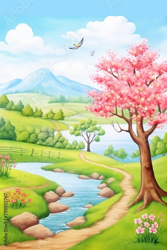 spring landscape watercolor, serene spring landscape watercolor