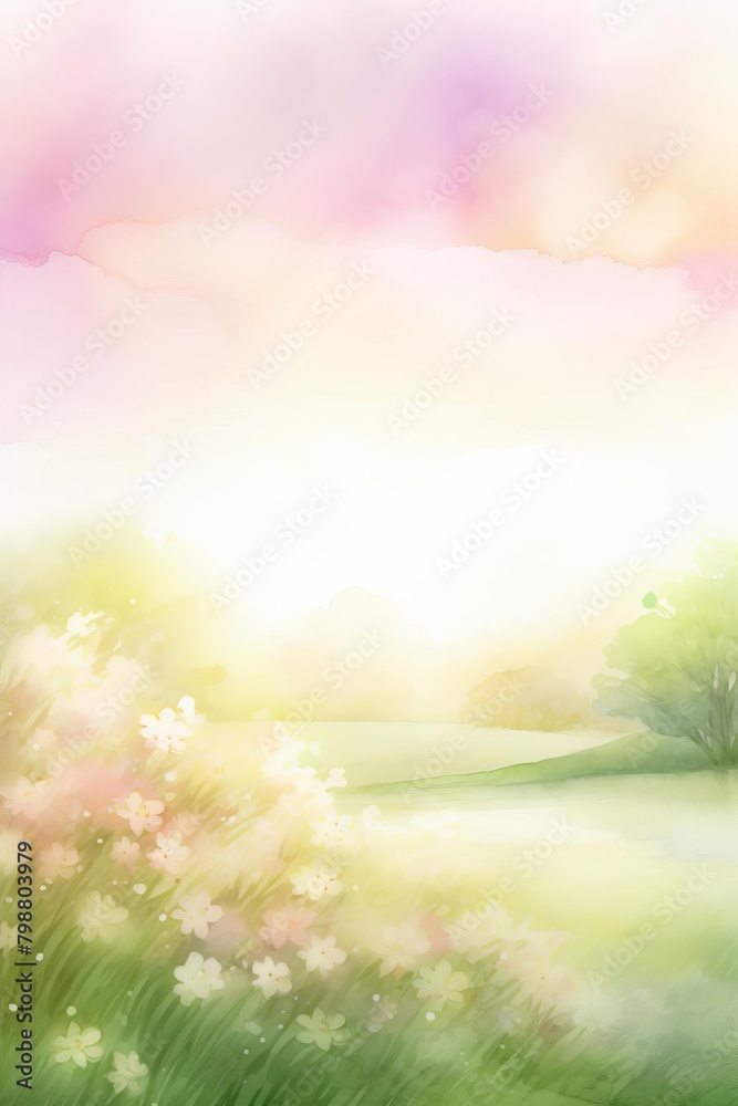Fototapeta premium spring meadow watercolor, tranquil spring meadow watercolor